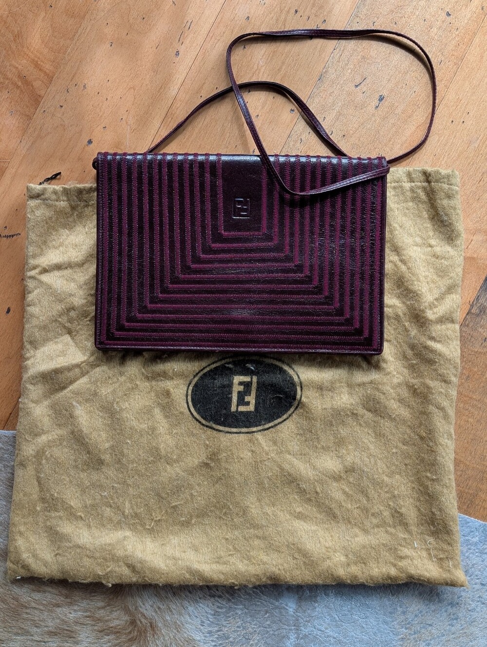 Vintage Fendi burgundy leather convertible shoulder bag/clutch with dust bag